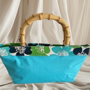 Estee Lauder Blue and Green Canvas Tote with Bamboo Handle